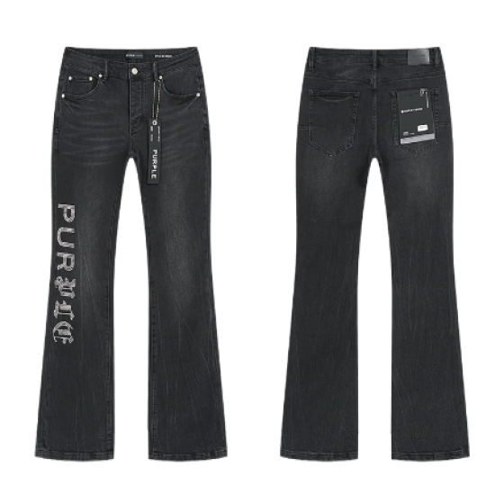 Black Washed Flared Denim Jeans with Rhinestone "PURPLE" Gothic Logo
